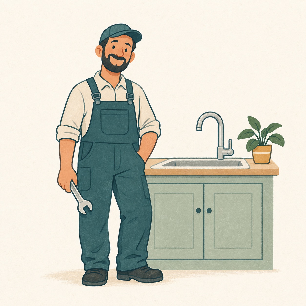 Friendly drawing of a plumber holding a wrench beside a kitchen sink